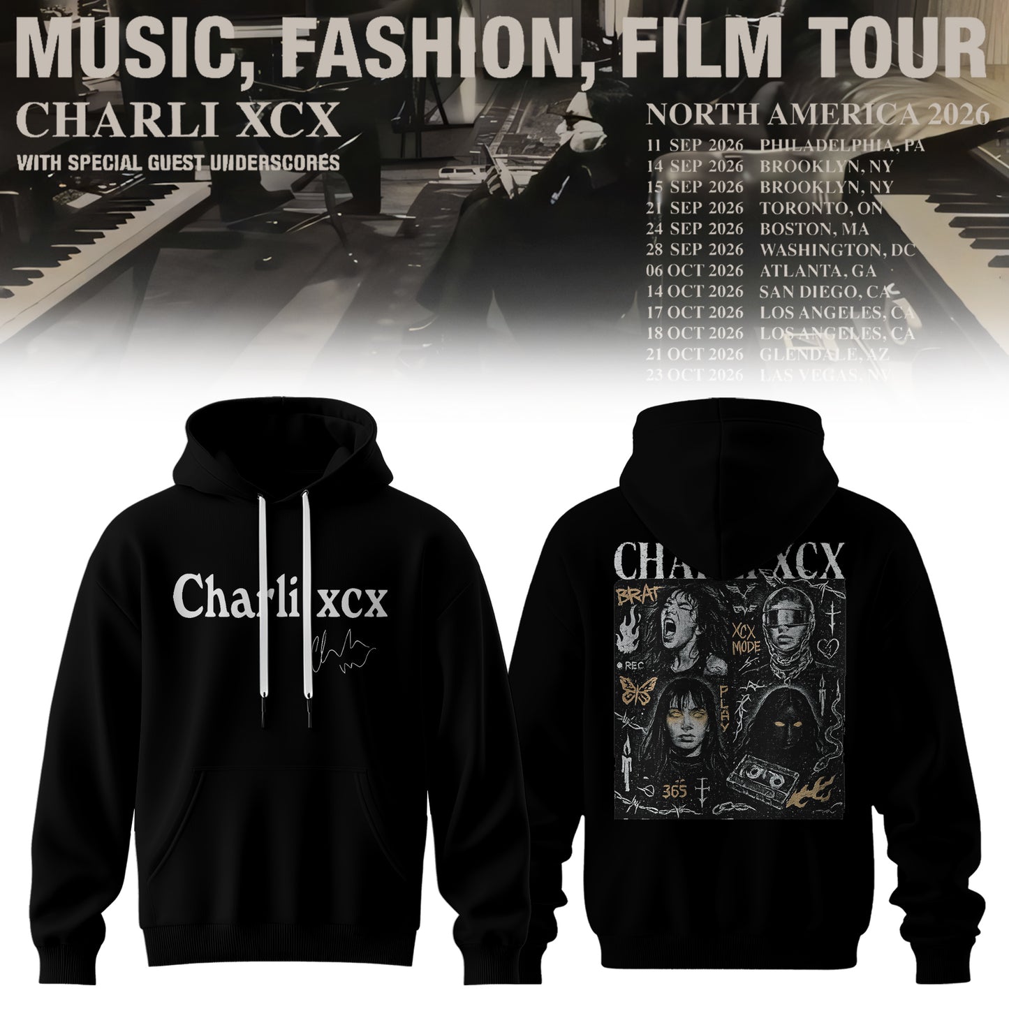 CHARLI XCX “MUSIC, FASHION, FILM” TOUR HOODIE IS HERE