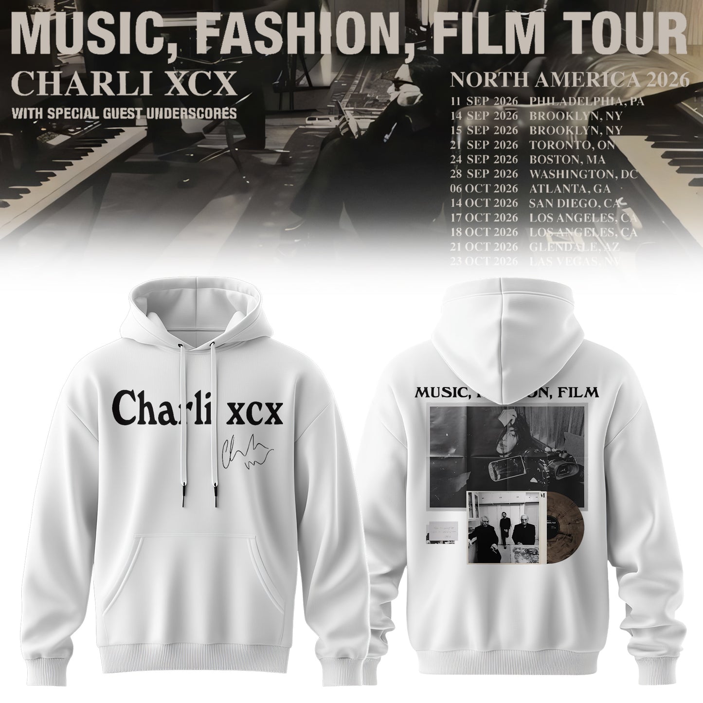 CHARLI XCX “MUSIC, FASHION, FILM” TOUR HOODIE IS HERE